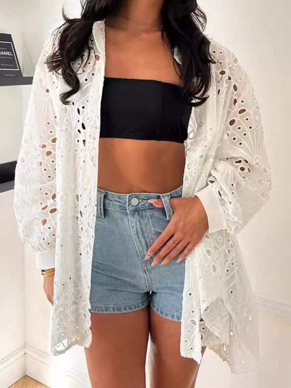 Cutout Collared Neck Long Sleeve Shirt - Trendsi - Flyclothing LLC
