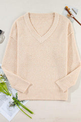 V-Neck Dropped Shoulder Long Sleeve Sweater - Trendsi - Flyclothing LLC