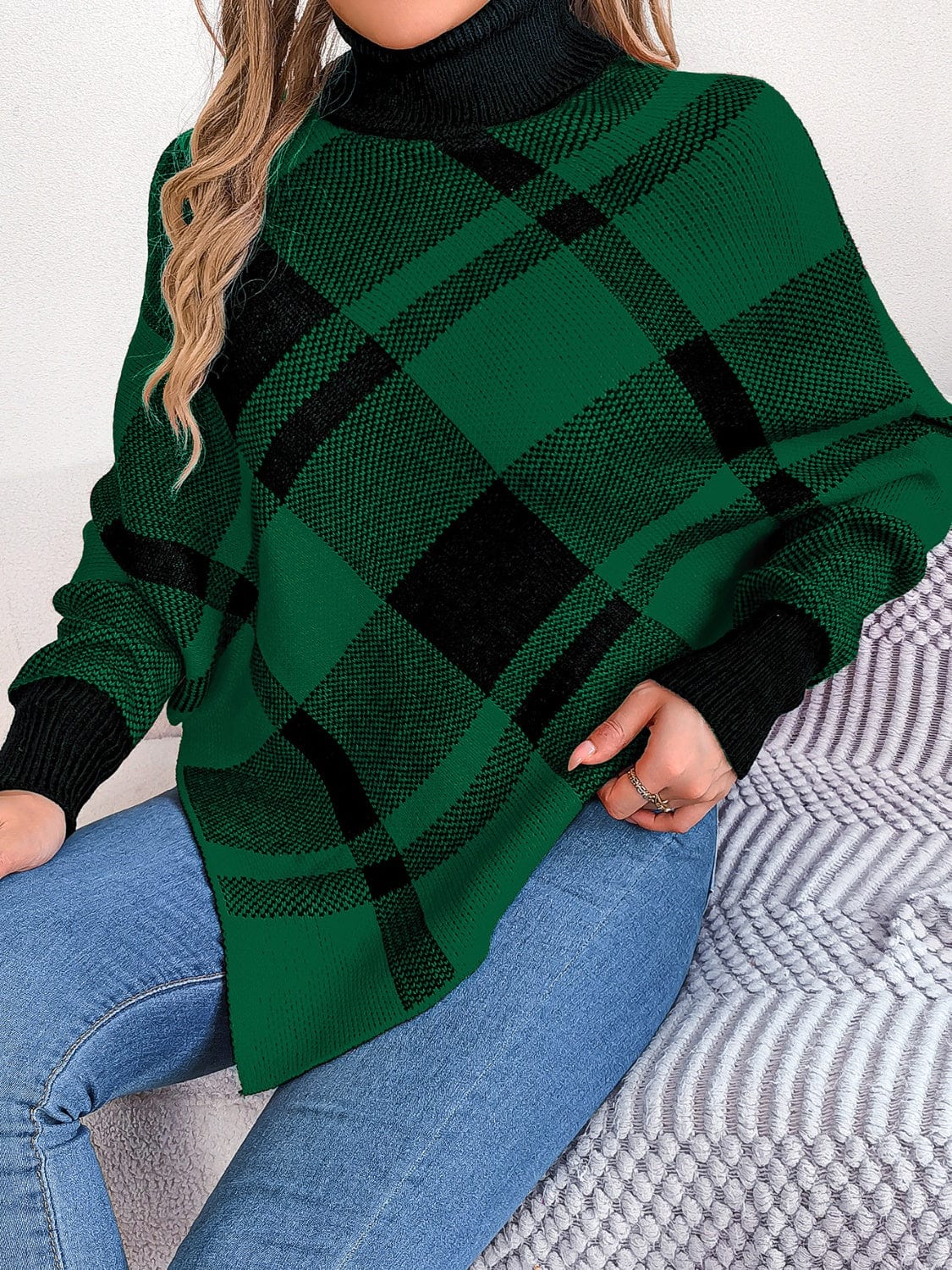 Plaid Turtleneck Batwing Sleeve Sweater - Trendsi