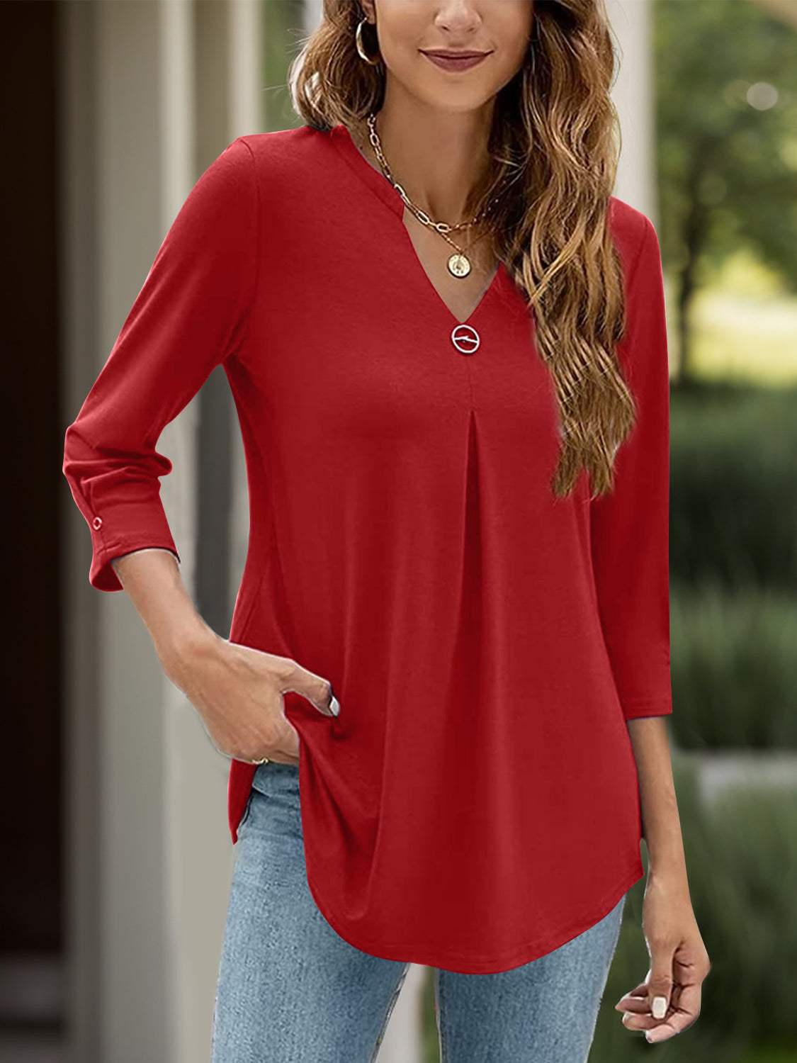 Notched Three-Quarter Sleeve T-Shirt - Trendsi - Flyclothing LLC
