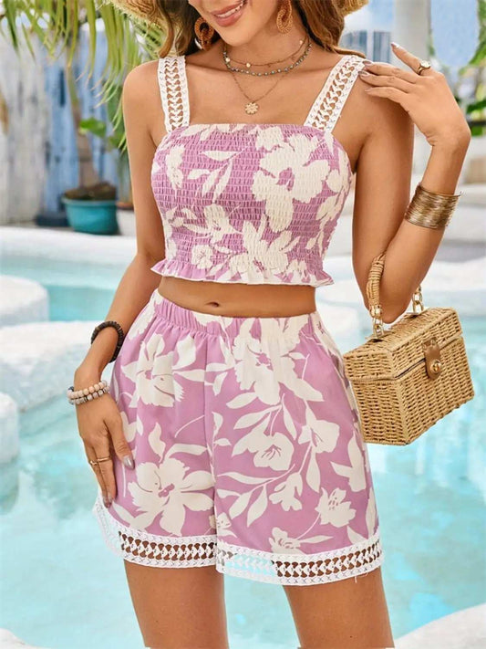 Printed Smocked Square Neck Top and Shorts Set - Trendsi - Flyclothing LLC