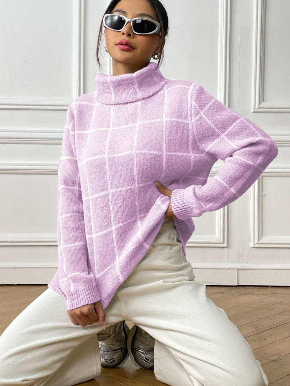Plaid Turtleneck Long Sleeve Sweater - Trendsi - Flyclothing LLC
