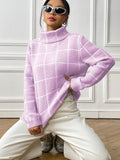 Plaid Turtleneck Long Sleeve Sweater - Trendsi