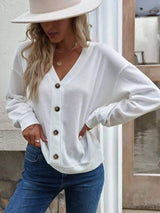 Casual V-Neck Waffle Long Sleeve Top - Trendsi - Flyclothing LLC