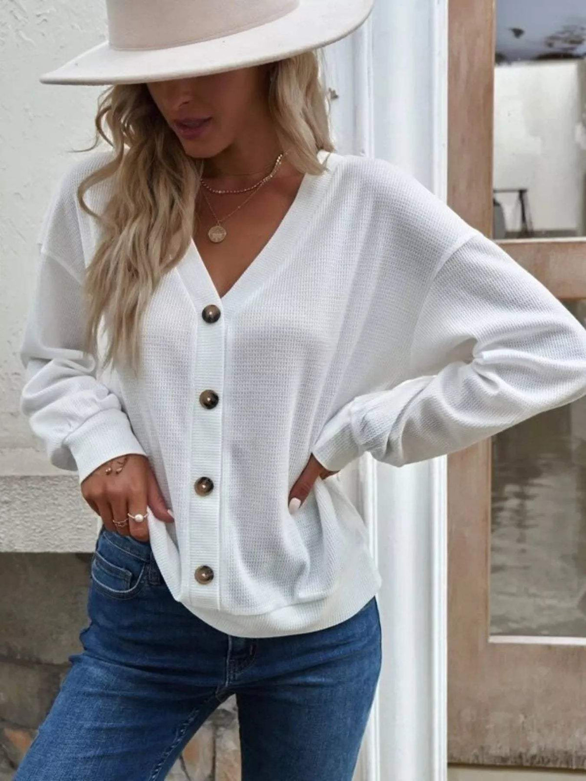 Casual V-Neck Waffle Long Sleeve Top - Trendsi - Flyclothing LLC