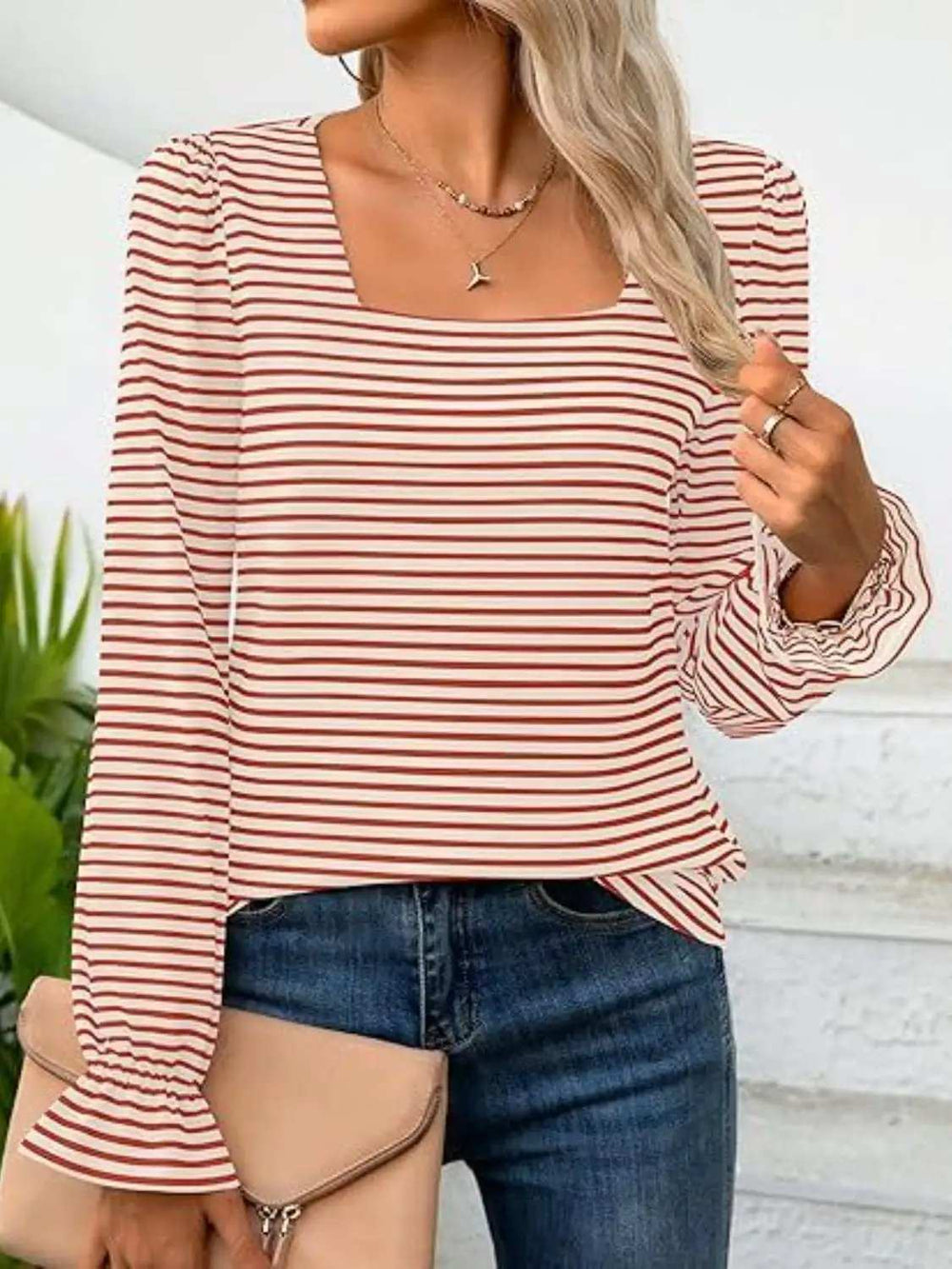 Striped Square Neck Flounce Sleeve Top - Trendsi - Flyclothing LLC