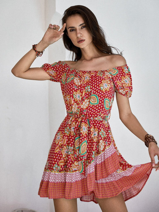 Printed Short Sleeve Tie Waist Mini Dress - Trendsi