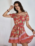 Printed Short Sleeve Tie Waist Mini Dress - Trendsi - Flyclothing LLC