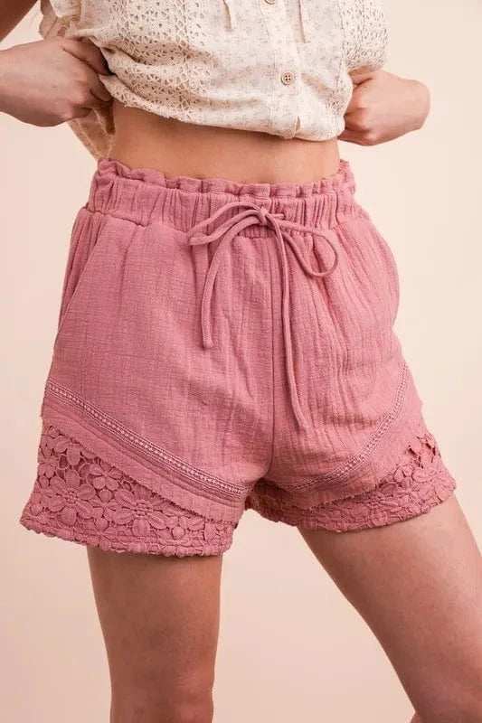 VERY J Lace Contrast Detail Woven Shorts - Trendsi - Flyclothing LLC