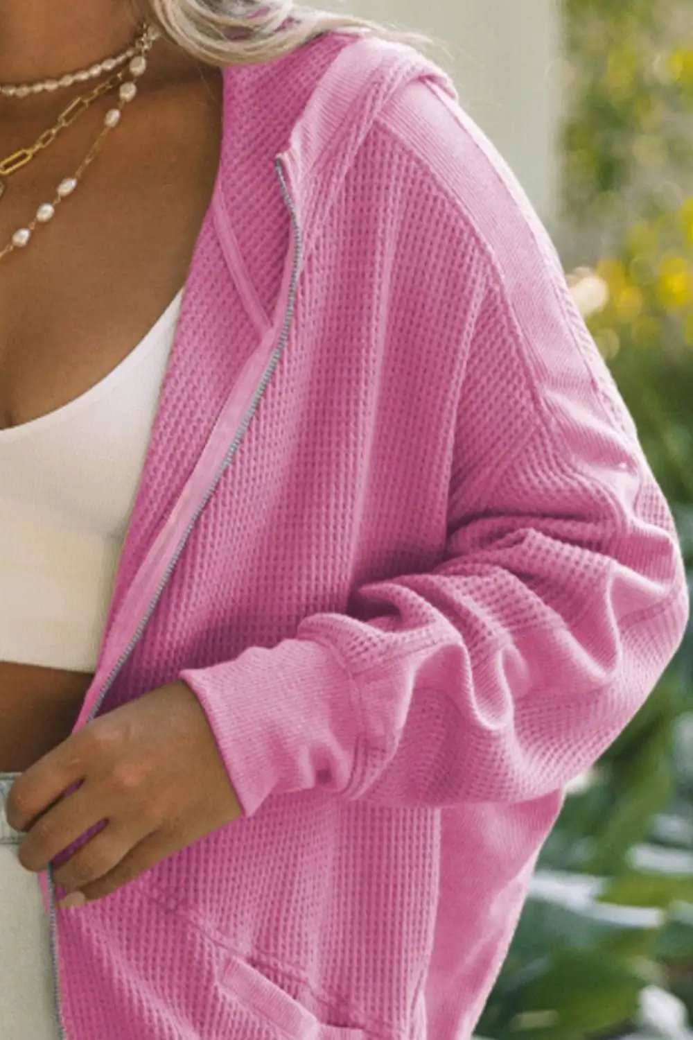 Waffle-Knit Pocketed Zip Up Hooded Jacket - Trendsi - Flyclothing LLC