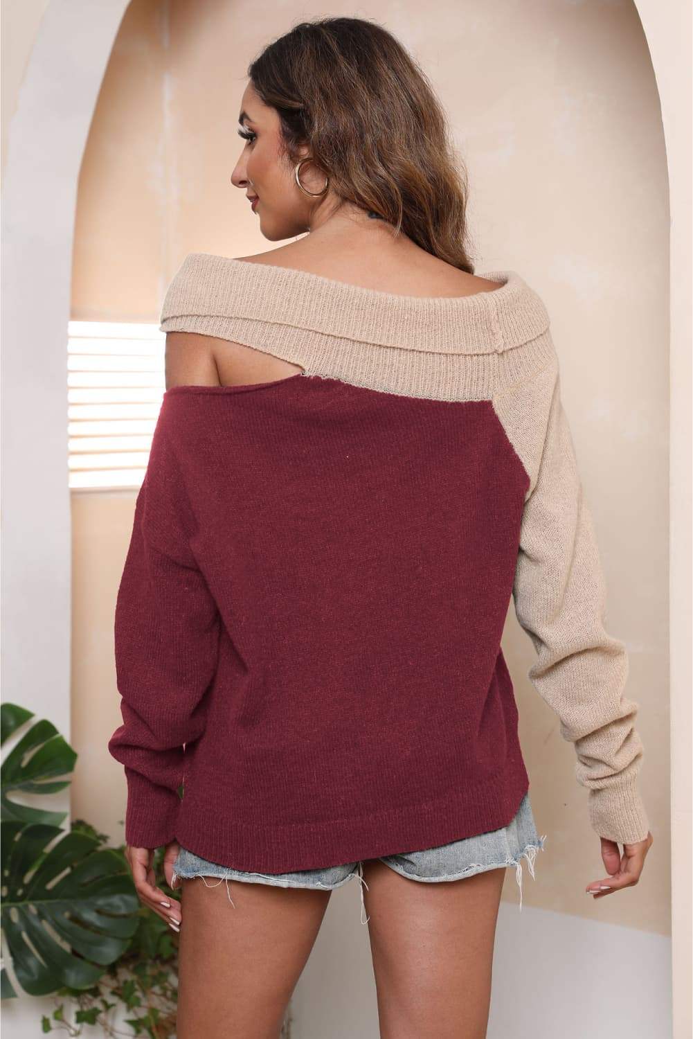 Asymmetrical Long Sleeve Two-Tone Cutout Sweater - Trendsi - Flyclothing LLC