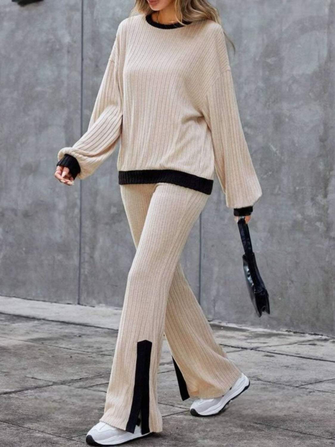Contrast Round Neck Long Sleeve Top and Bootcut Pants Set - Trendsi - Flyclothing LLC