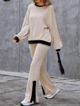 Contrast Round Neck Long Sleeve Top and Bootcut Pants Set - Trendsi - Flyclothing LLC