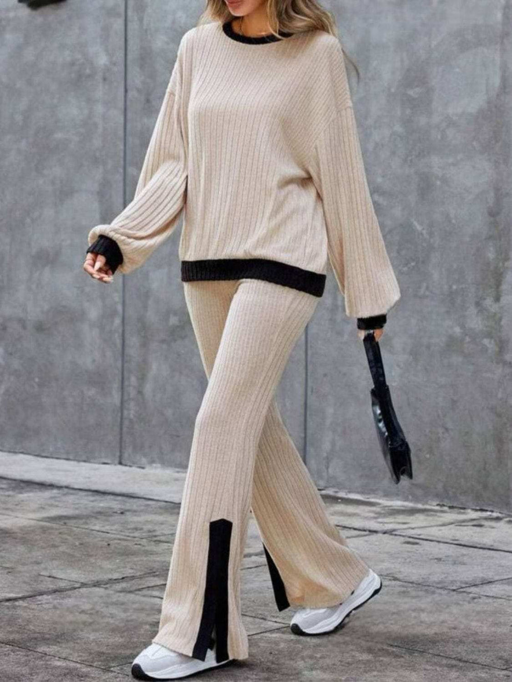 Contrast Round Neck Long Sleeve Top and Bootcut Pants Set - Trendsi - Flyclothing LLC
