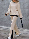 Contrast Round Neck Long Sleeve Top and Bootcut Pants Set - Trendsi - Flyclothing LLC