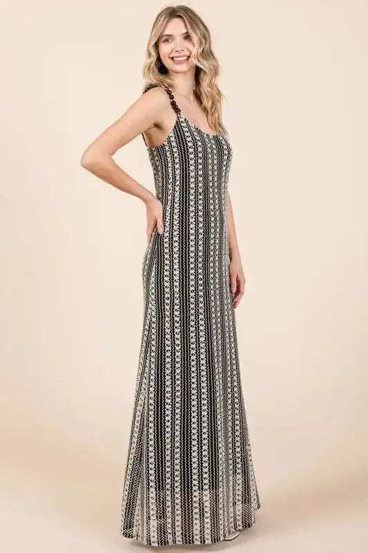 GeeGee Plus Size Striped Scoop Neck Beaded Strap Maxi Cami Dress - Trendsi - Flyclothing LLC