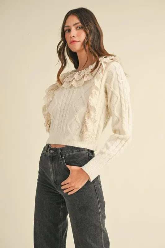 MABLE Ruffled Lace Crochet Sweater - Trendsi - Flyclothing LLC