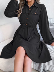 Collared Neck Long Sleeve Dress with Pockets - Trendsi