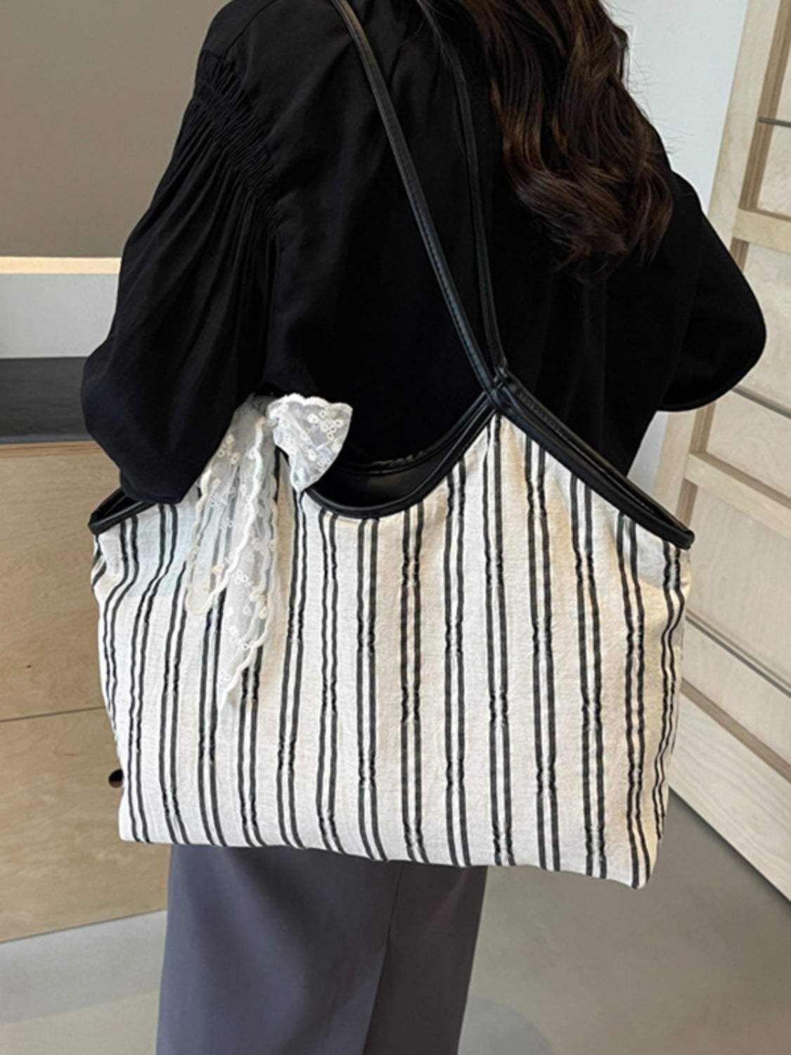 Striped Canvas Tote Bag - Trendsi - Flyclothing LLC