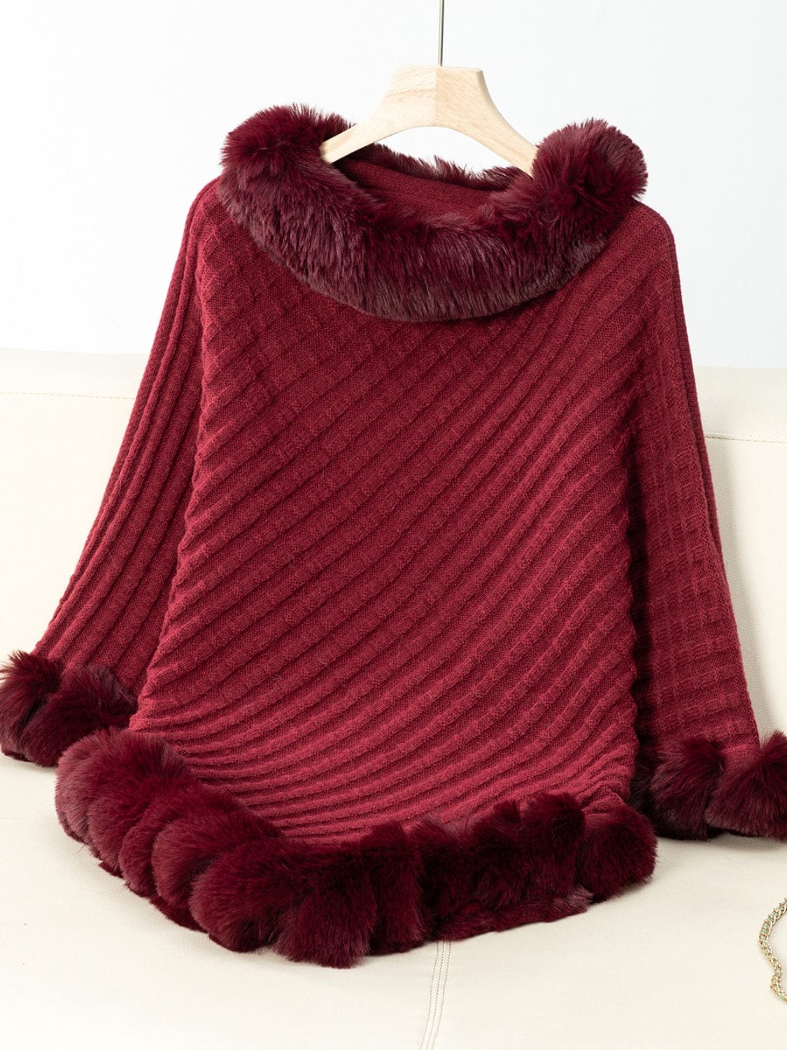 Fuzzy Trim Texture Three-Quarter Sleeve Poncho - Trendsi