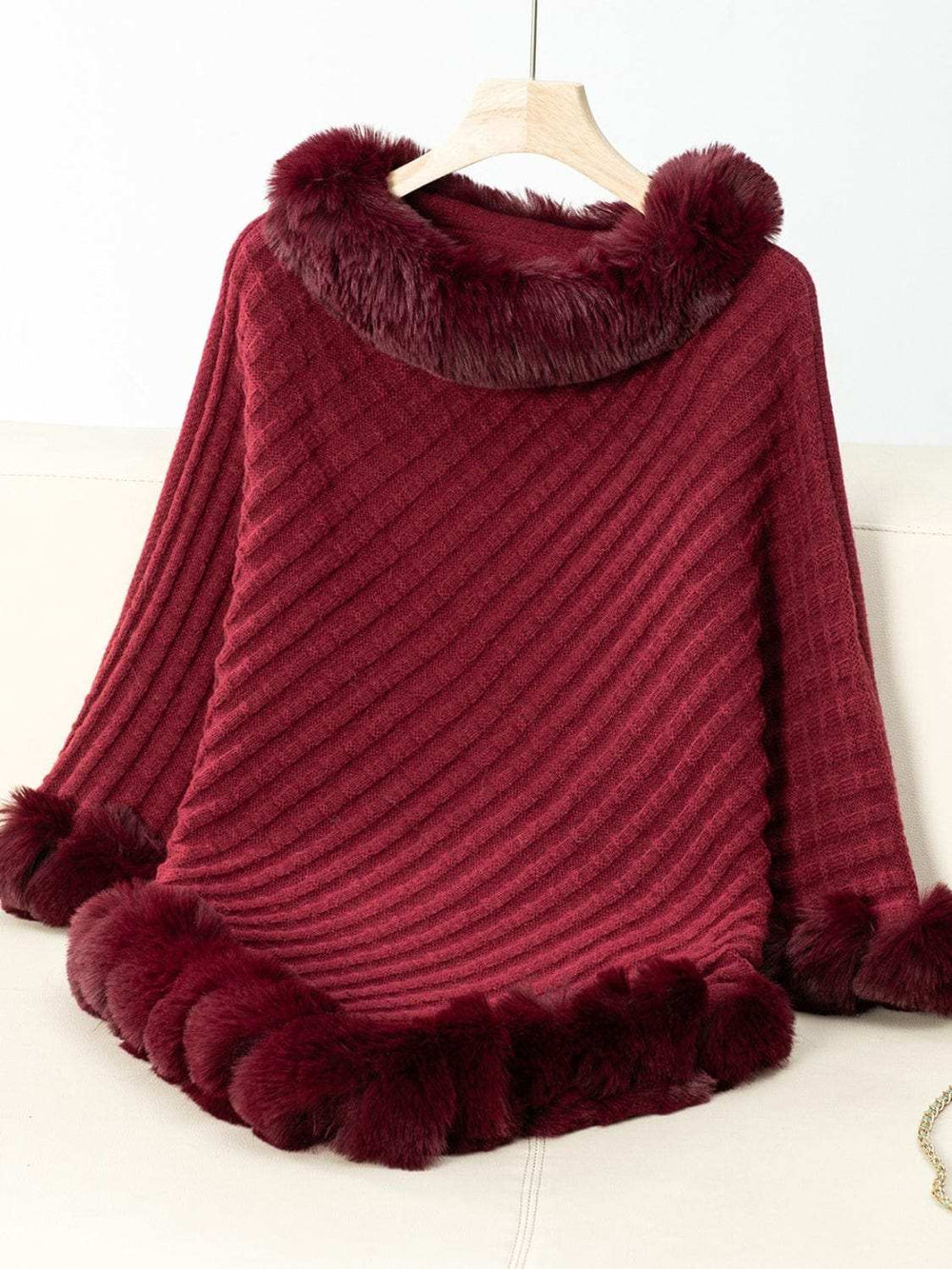 Fuzzy Trim Texture Three-Quarter Sleeve Poncho - Trendsi - Flyclothing LLC
