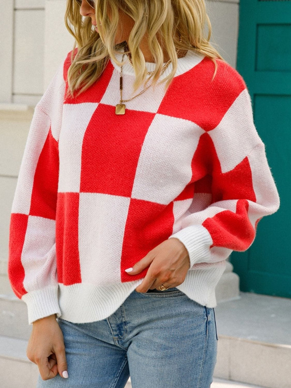 Angel Wings Checkered Round Neck Dropped Shoulder Sweater - Trendsi