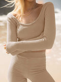 Scoop Neck Long Sleeve Top and Shorts Set - Trendsi - Flyclothing LLC
