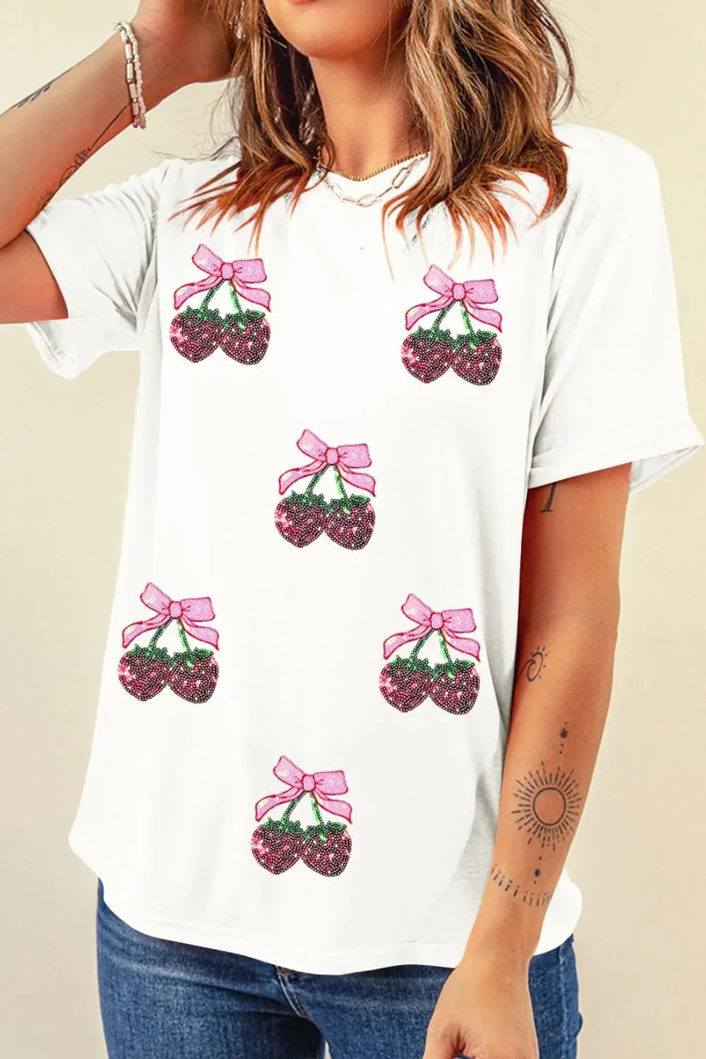 Sequin Cherry Round Neck Short Sleeve T-Shirt - Trendsi - Flyclothing LLC