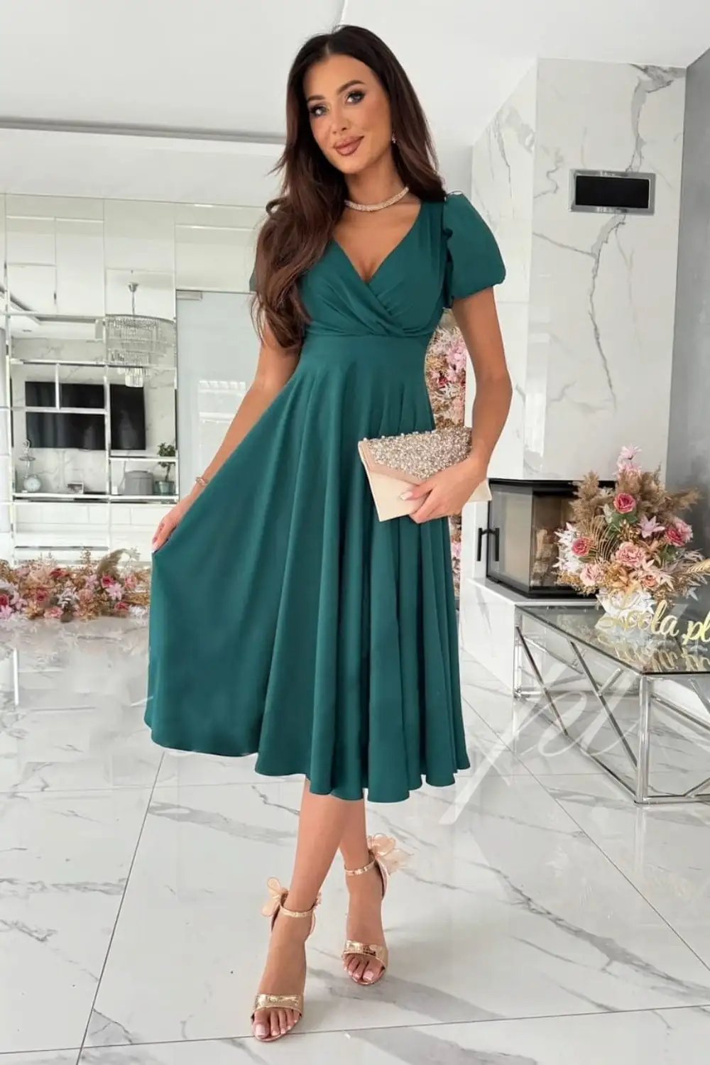 Surplice Puff Sleeve Midi Dress - Trendsi