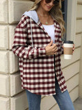 Plaid Button Up Long Sleeve Drawstring Hooded Jacket - Trendsi - Flyclothing LLC