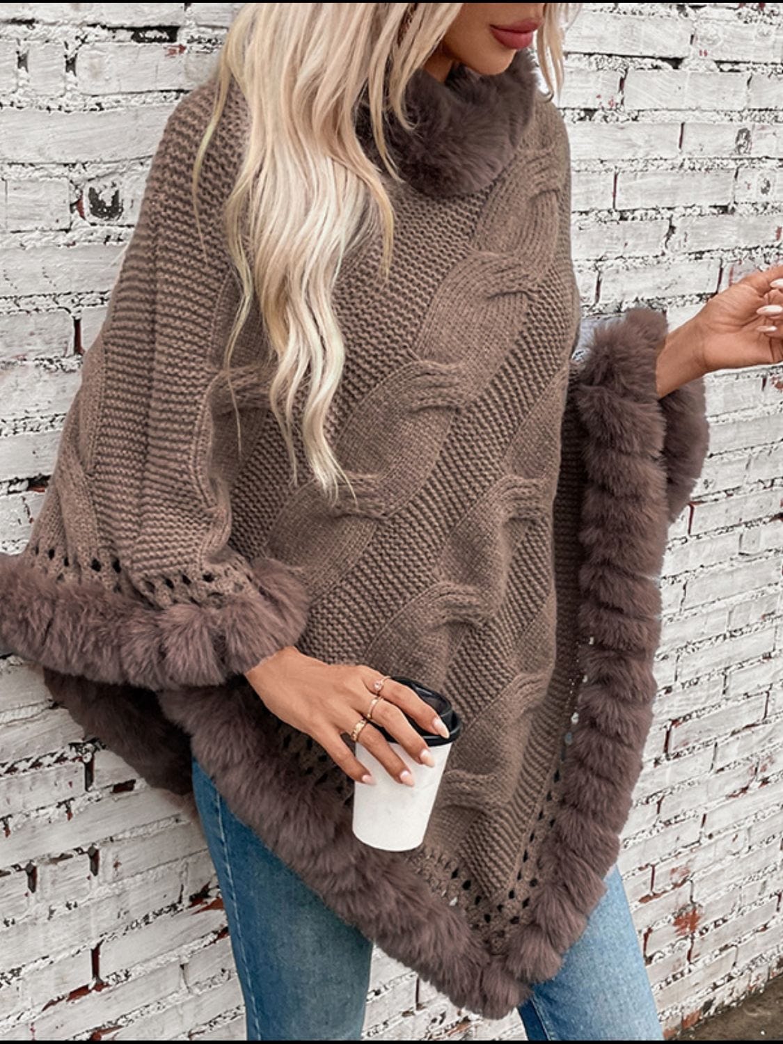 Fuzzy Hem Cable-Knit Poncho - Trendsi