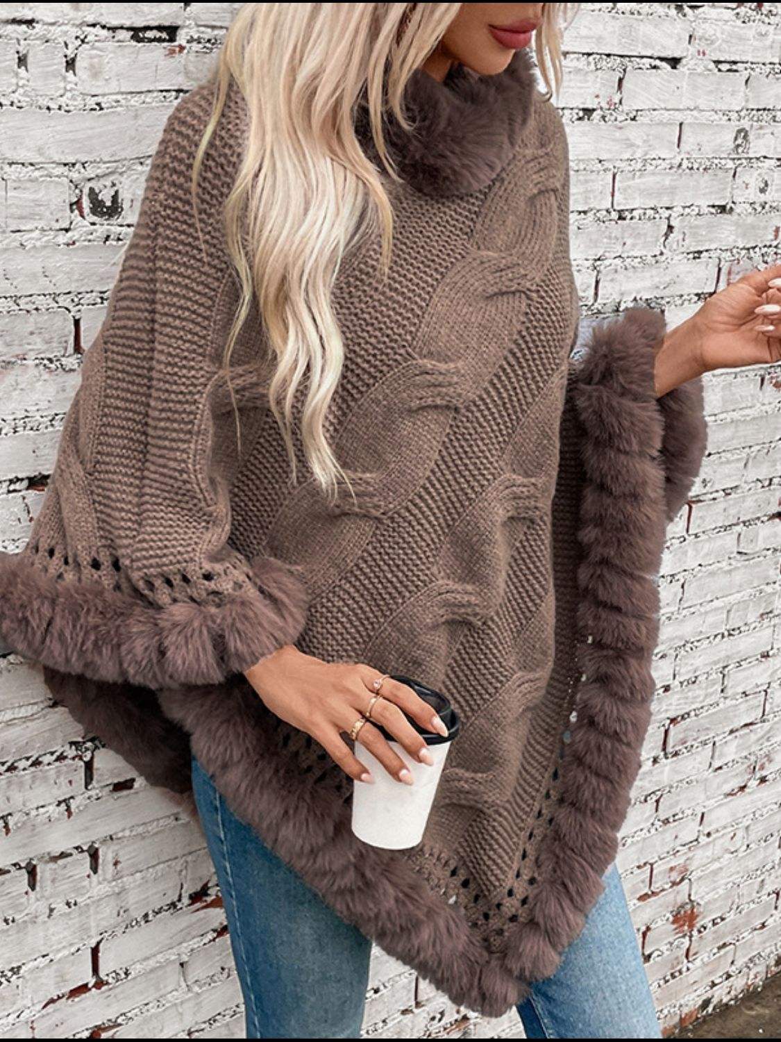 Fuzzy Hem Cable-Knit Poncho - Trendsi - Flyclothing LLC