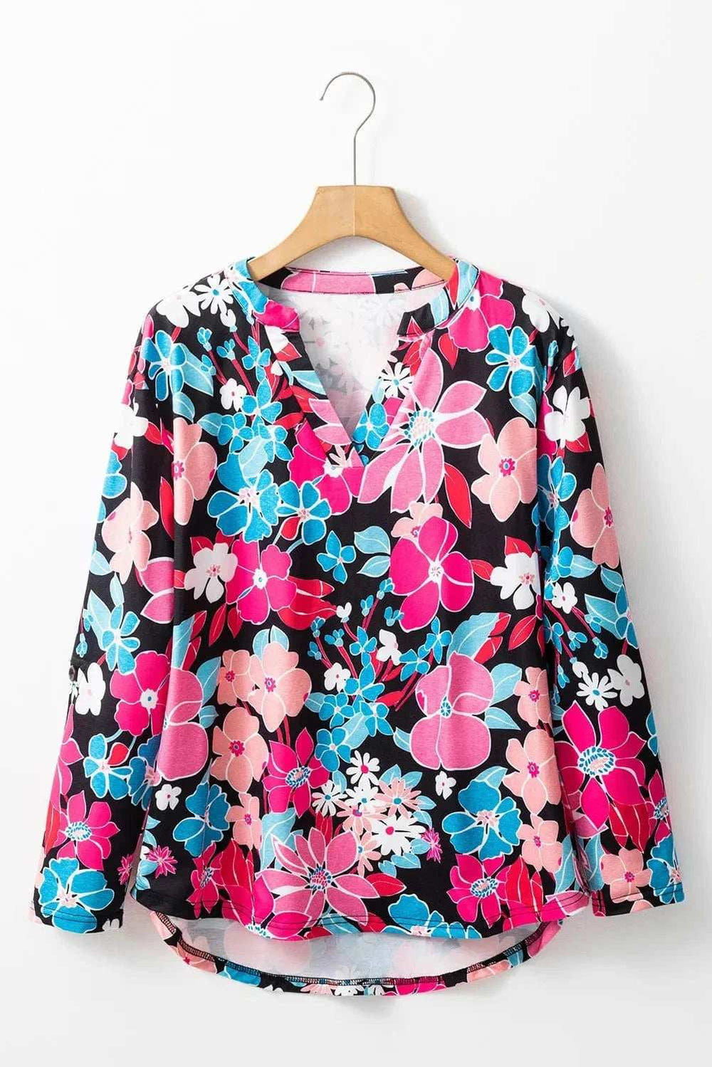 Floral Notched Long Sleeve Blouse - Trendsi - Flyclothing LLC