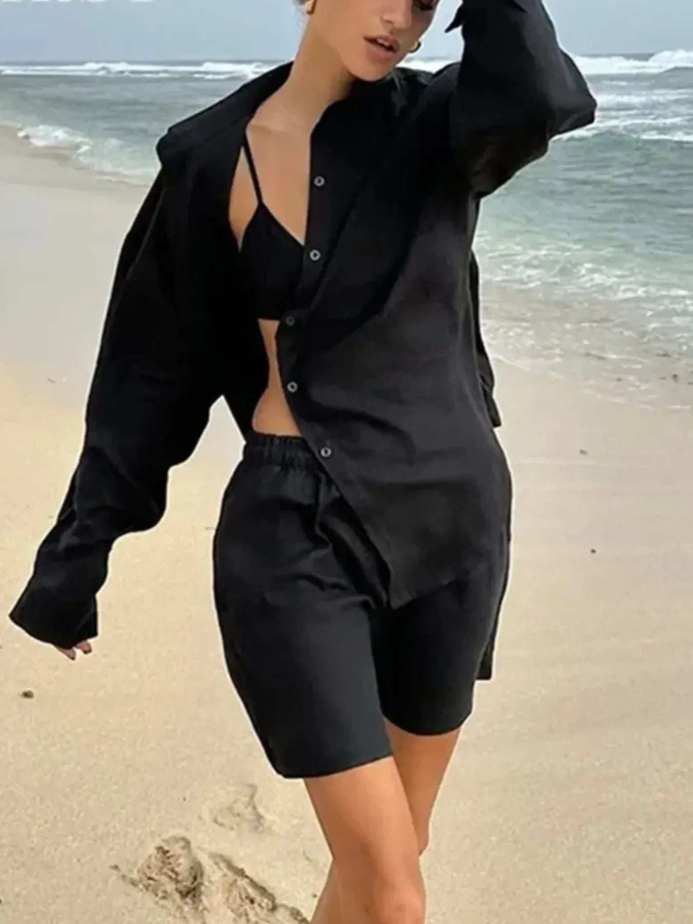 Button Up Long Sleeve Shirt and Shorts Set - Trendsi - Flyclothing LLC