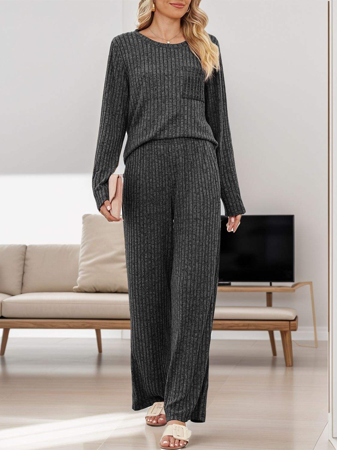 Round Neck Long Sleeve Top and Pants Set - Trendsi - Flyclothing LLC
