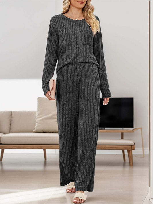 Round Neck Long Sleeve Top and Pants Set - Trendsi - Flyclothing LLC