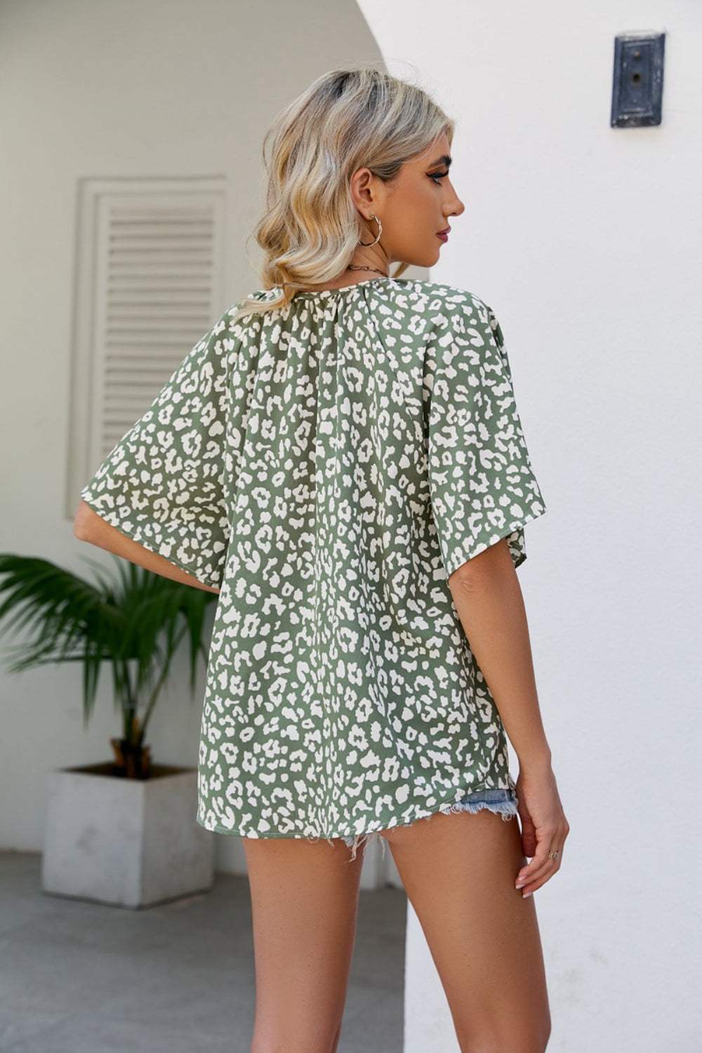 Leopard Notched Half Sleeve Blouse - Trendsi - Flyclothing LLC