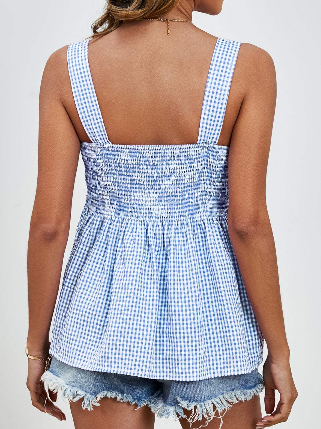Smocked Plaid Square Neck Tank - Trendsi - Flyclothing LLC