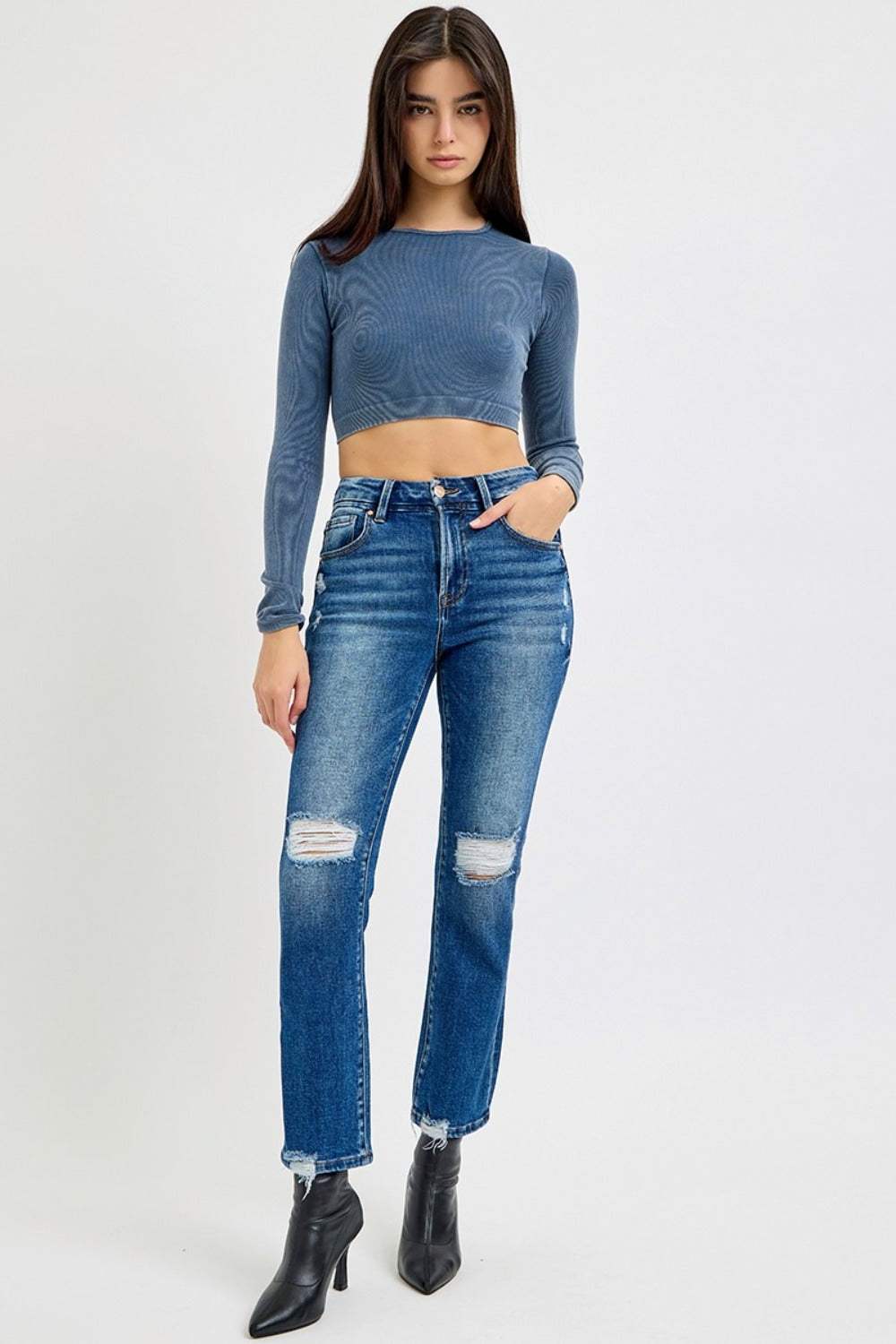 RISEN Full Size High Rise Distressed Crop Straight Jeans - Trendsi - Flyclothing LLC