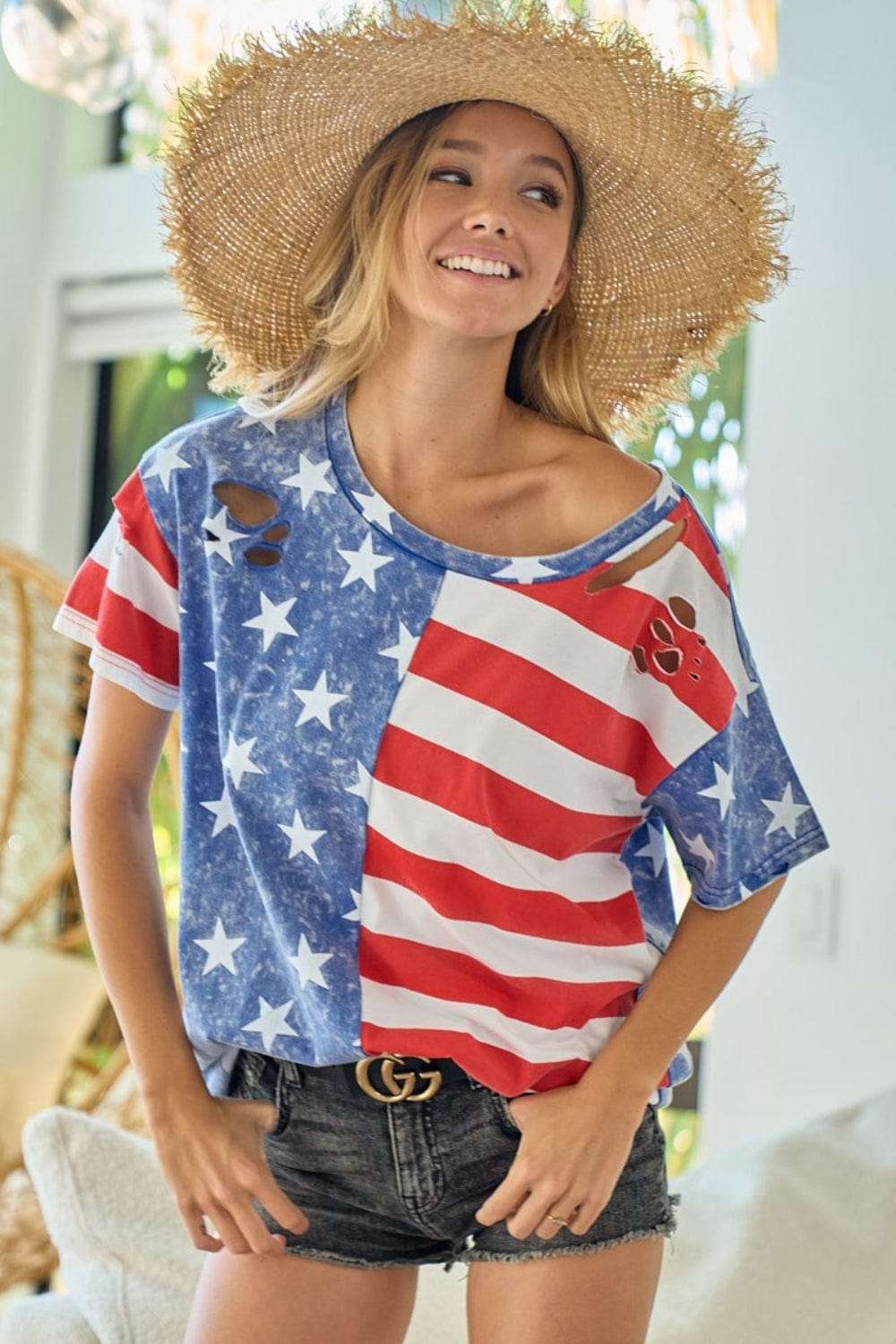 BiBi American Flag Theme Short Sleeve T-Shirt - Trendsi