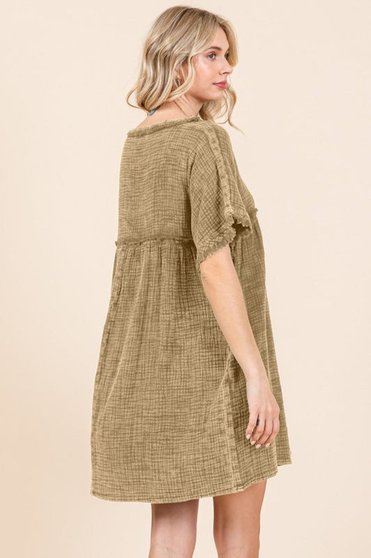 Culture Code Full Size Short Sleeve Babydoll Texture Dress with Pockets - Trendsi