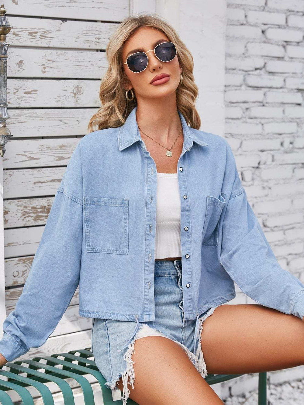 Button Up Long Sleeve Denim Jacket with Breast Pockets - Trendsi - Flyclothing LLC