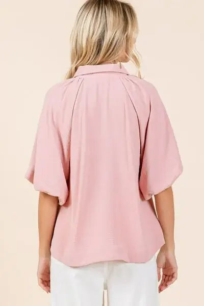 Mittoshop Airflow Short Bubble Sleeve Button Down Shirt - Trendsi - Flyclothing LLC