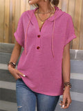 Waffle-Knit Hooded Short Sleeve Blouse - Trendsi