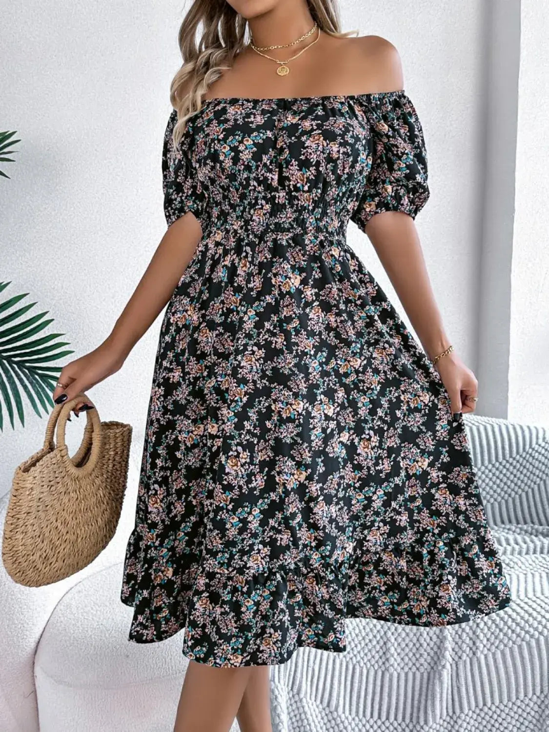 Ruffled Hem Floral Puff Sleeve Dress - Trendsi - Flyclothing LLC
