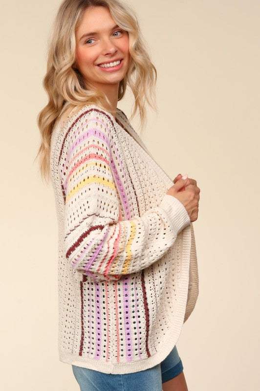Haptics Full Size Striped Crochet Open Front Cardigan - Trendsi - Flyclothing LLC