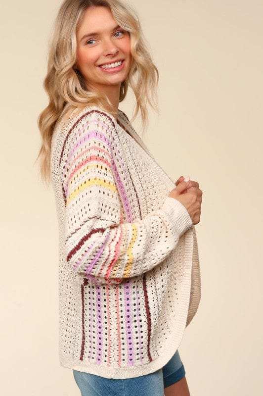 Haptics Full Size Striped Crochet Open Front Cardigan - Trendsi - Flyclothing LLC