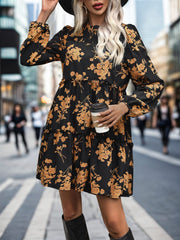 Frill Printed Long Sleeve Mini Dress - Trendsi