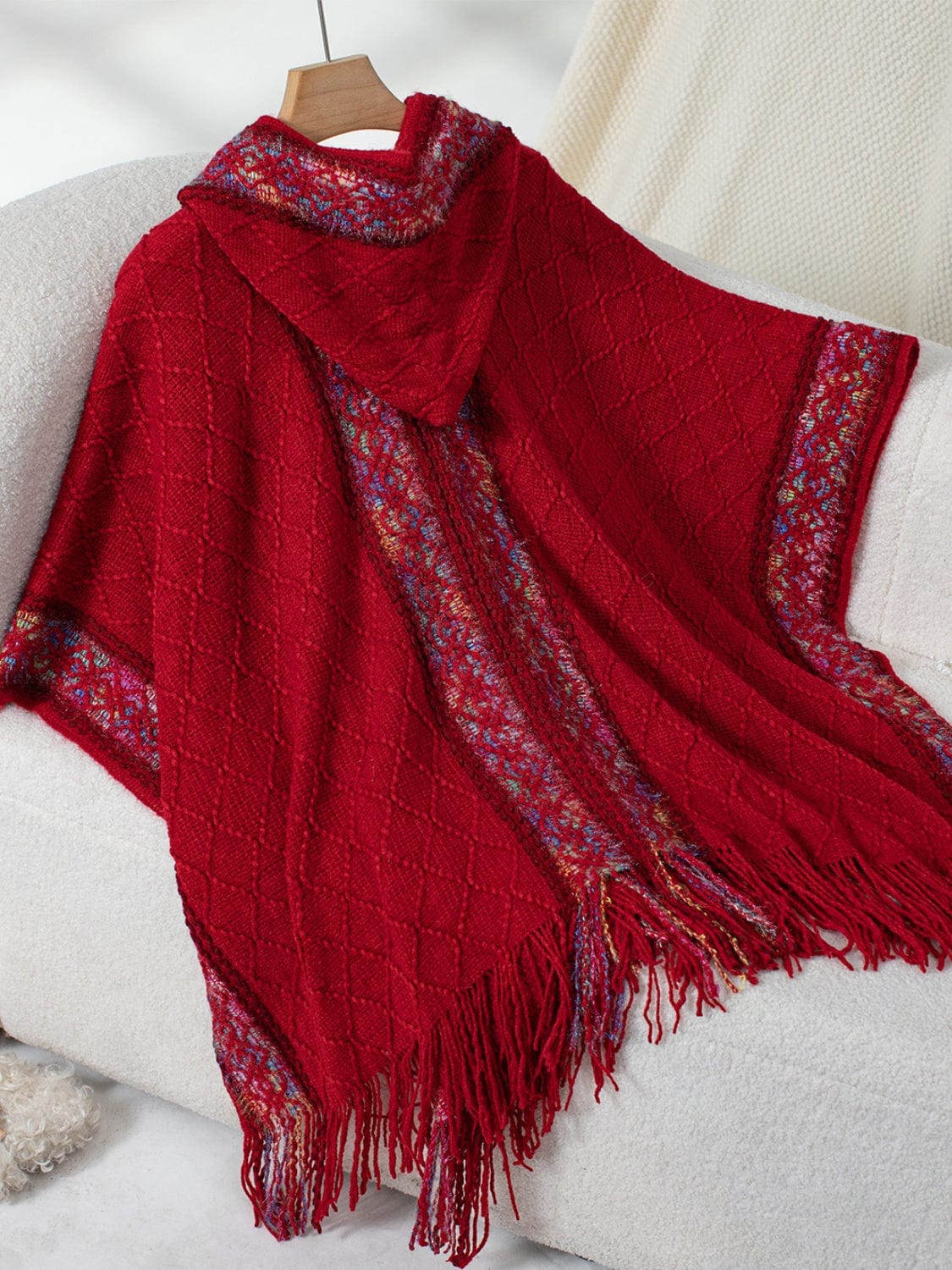 Fringe Half Sleeve Hooded Poncho - Trendsi