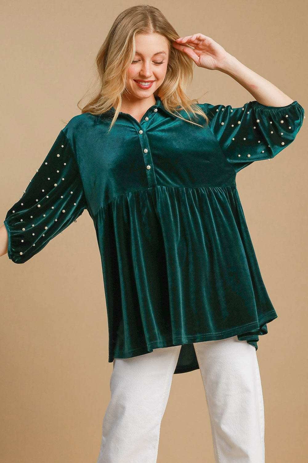 Umgee Pearl Detail Half Sleeve Velvet Babydoll Blouse - Trendsi - Flyclothing LLC